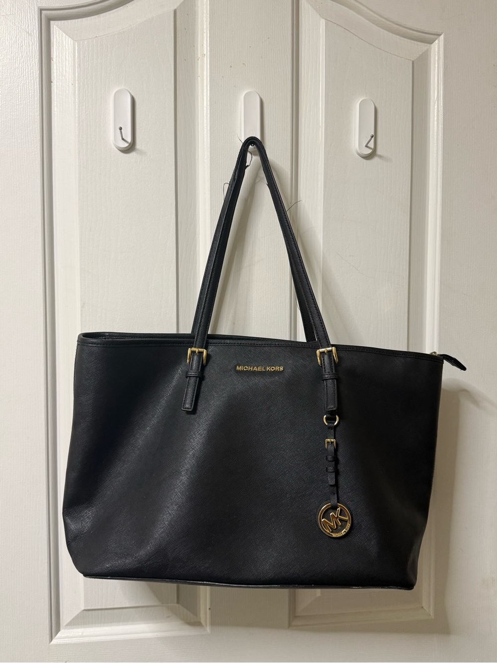 Michael Kors Black Leather Tote with Gold Accents
